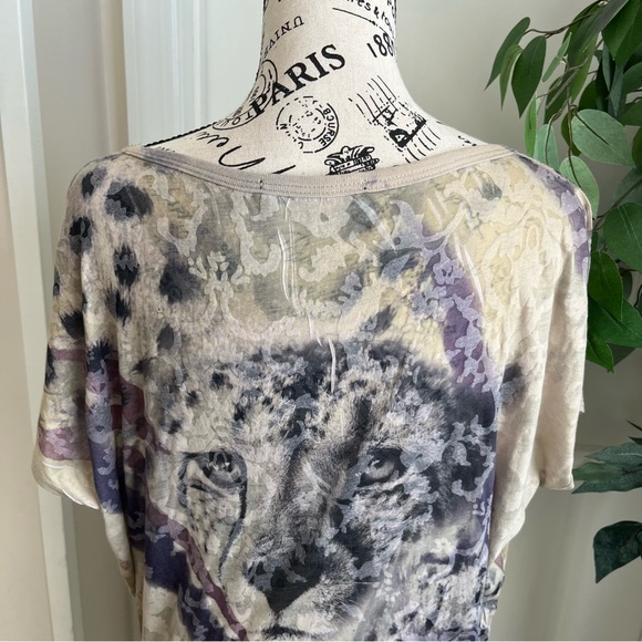 Mandee Short Sleeve Animal Print Rhinestone Sheer Top Cream & Gray Sz L - Picture 11 of 14